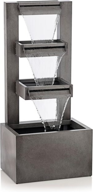 Alpine Corporation 43″ Tall Multi-Tier Waterfall Fountain – Industrial Style Water Feature for Garden, Patio, Yard, Backyard, Relaxing Water Flow, and Serene Landscaping, Gray