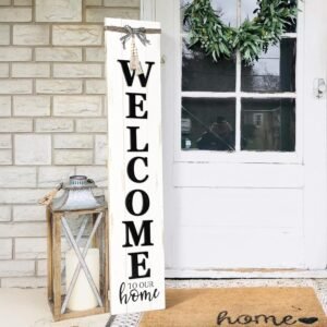 Large Vertical Welcome Sign for Front Door Porch, 47×10 Inch Solid Wood Farmhouse Porch Decor, 3D Raised Letters Rustic Welcome to Our Home Sign with Beads & Bow, No Assembly Required, Whitewashed