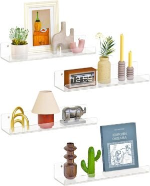 Dooiclear 4 Pack Floating Shelves for Wall, 15″ Clear Book Shelf, Acrylic Floating Wall Shelf, Display Shelves Organizer for Bathroom, Classroom, Bedroom, Living Room, Kitchen, Room Decor