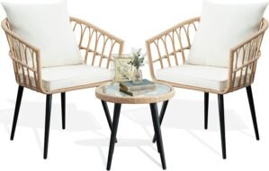 PORWEY 3 Piece Patio Bistro Set, Outdoor Wicker Apartment Balcony Furniture Sets, Rattan Table and Chairs Set of 2 for Porch Backyard Lawn Poolside Deck, Beige