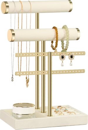 bussdis 3 Tier Bracelet Holder Display – Detachable T Bar Beige Velvet Bracelet Holder, Jewelry Holder Organizer for Bracelet, Necklace, Earrings, Rings