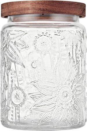 Custde 23.7 fl oz Vintage Glass Jar with Wooden Lid, Airtight Decorative Food Storage Canisters for Kitchen Counter & Pantry, Ideal for Candy, Sugar, Coffee,salt, Tea, Cereal, Flour, Oats