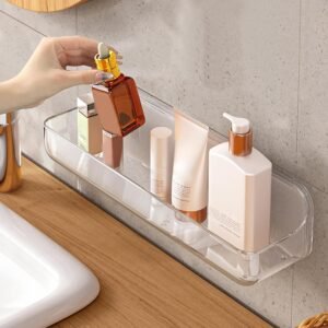 Diesisa Acrylic Wall Mounted Shower Caddy, Clear, Large Size 4D x 12.8″ W x 3.3″ H, Acrylic Shelf, No Drilling Walls Adhesive Shelf, Bathroom Shelves with Self Adhesive Tape for Bathroom, Kitchen