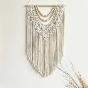 guzhiou Macrame Wall Hanging Boho Geometric Woven Tapestry Cotton Handmade Bohemian Art Decor with Wood Bead Wall Decor for Bedroom Living Room Apartment Nursery 31.5″ L x 17″ W (Wood bead-B)
