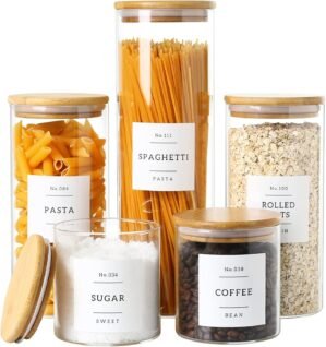 CZSZYGHBAO 5 Pack Glass Jars with Bamboo Airtight Lids – Stackable Food Storage Containers with 132 Pantry Labels – with Wood Lid for Candy, Cookie, Rice, Sugar, Flour, Pasta, Nuts