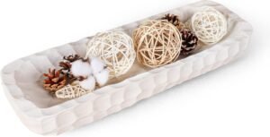 Decorative Bowl for Home Decor, Long Dough Bowl with Hand Carved Irregular Texture, Unique Table Centerpieces, Wooden Home Decor Accents for Farmhouse Boho Rustic Style(16.1″x 5.5″ Washed White)