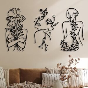 Photect 3 Pcs Metal Wall Art Decor Minimalist Abstract Woman Wall Art Metal Modern Line Drawing Decor Female Single Line Home Hanging for Bedroom Bathroom Living Room Housewarming(Plant,Black)
