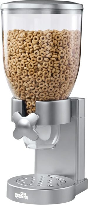 Honey-Can-Do Zevro Indispensable Single Dry Food Dispenser – Countertop Cereal Dispenser with Portion Control, 17.5 oz Capacity, Airtight BPA-Free Food Storage, Silver