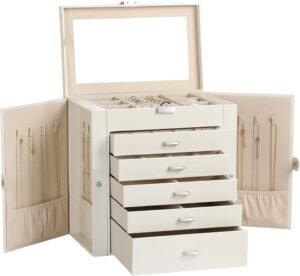 Frebeauty Large Jewelry Box,6-Tier PU Leather Jewelry Organizer,Multi-functional Storage Case with Mirror,Accessories Holder with 5 Drawers for Necklace Bracelets Watches(Pearl White)