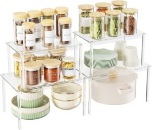 Delamu Cabinet Shelves, Clear Stackable Acrylic Storage Risers with Heavy Duty Support, Cabinet Organizer Shelf for Spices, Seasonings, Jars, Pantry, Kitchen Counter, Easy Assembly