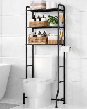 Kitsure Over Toilet Storage Rack – Metal Over Toilet Bathroom Organizer Shelf, Over the Toilet Storage Cabinet with Paper Holder and Hooks, Bathroom Cabinet for Laundry, Black, 3 Tiers (63.2″ H)
