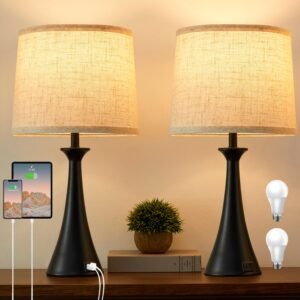 Touch Lamp for Living Room Bedroom, 21″ Table Lamps Set of 2 with USB C+A Ports, Touch Bedside Lamps for Nightstand with 3 Way Dimmable, 2 LED Bulbs Included, Black