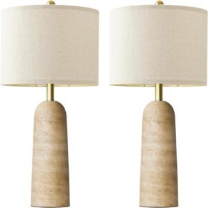 BOBOMOMO Modern Table Lamp Set of 2, Warm Beige Resin Lamp with Natural Stone Look, 27.25″ Lamps for Living Room with Linen Shades, Bedside Lamp for Bedroom, Living Room, Nightstand, Entryway
