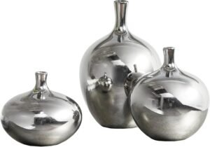 Madison Park Signature Ansen Ceramic Handmade Vase Set Home Décor – Metallic Accent Living Room Decoration Ideal for Shelf, Side Table, Mantle Ornaments, Multi Size, Silver 3 Piece