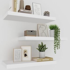 Upassion White Floating Shelves – Set of 3, 16″ Wall Mounted Shelves for Home Decor, Living Room, Bedroom, Bathroom, Kitchen