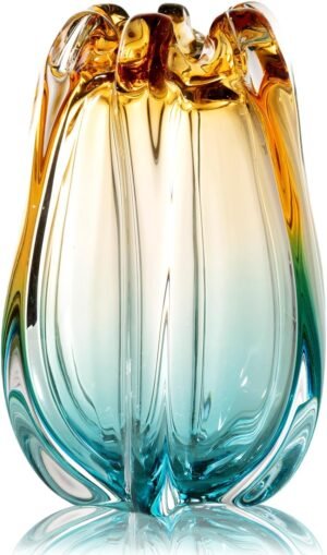 Hand Blown Glass Flower vases, Unique Glass vases, Wide Mouth vases, Small Modern Art Deco Glass vases for Home Living Room, Office, Table centerpieces, Bookshelves and Wedding Decorations