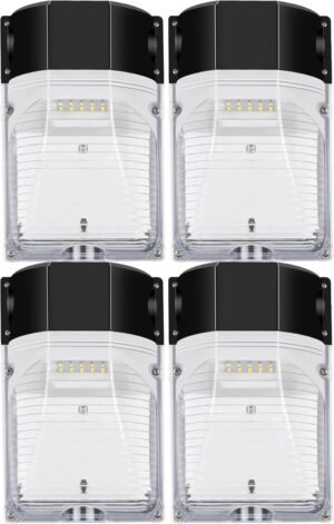 hykolity 30W LED Wall Pack Light with Photocell, 3450LM 5000K Daylight Dusk to Dawn 120V Outdoor Wall Mount Light, 150-250W MH/HPS Replacement, Waterproof Security Lighting – 4 Pack