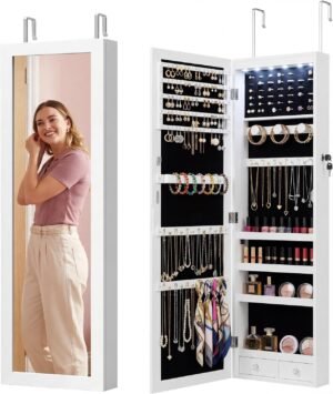 Antok 6 LEDs Jewelry Cabinet with Lock, 48″ Full Length Mirror Wall Mounted or Over The Door Jewelry Organizer, Large Capacity Storage for Bedroom&Cloakroom&Entryway, Gift for Women, White