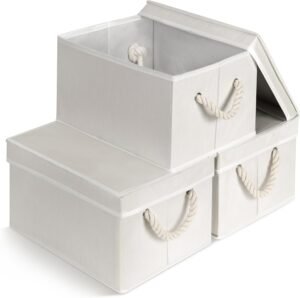 Set of 3 Fabric Bins for Organization – Foldable & Stackable With Lid & Rope Handles – Collapsible Fabric Storage Cubes Lightweight & Sturdy Bottom, Space Saving Collapsible Bin, Ivory