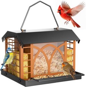 Bird Feeders for Outdoors Hanging, Metal Bird Feeder with Double Suet Cage Weatherproof Metal Roof, 3.5Lbs Large Capacity Great for Attracting Finch Cardinal Chickadee Wild Birds, Pinecone Brown