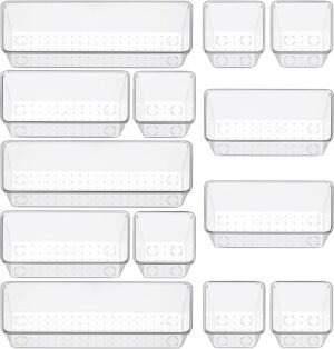 12 Piece Clear Drawer Organizer Set, 3 Sizes Bathroom Vanity Organizer Trays and Storage Bins for Makeup, Cosmetics, Jewelry, and Gadgets. Perfect for Office, Kitchen, Bedroom, Bathroom Use.