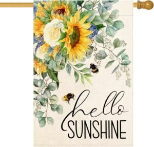 Baccessor Summer House Flag Hello Sunshine Sunflower Bee Eucalyptus Leaves Yard Flag 28 X 40 Inch Double Sided Burlap Large Flag for Outside Decor