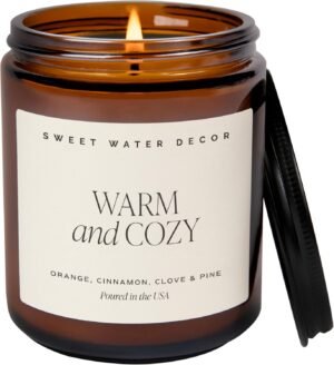 Sweet Water Decor Warm and Cozy Soy Candle – Orange Peel, Cinnamon, Ginger and Clove Scented Candles for Home – 9oz Amber Jar + Black Lid, 40+ Hour Burn Time, Made in the USA