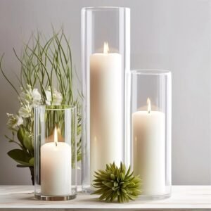 Sandraheer 12-Pack White Pillar Candles with Clear Hurricane Glass Vases – 3-Size Set for Wedding Table Centerpieces, Home Decor | Windproof Candle Holders