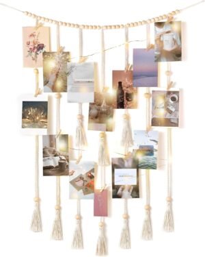 Mkono Macrame Hanging Photo Display Wall Decor with String Lights Boho Room Bedroom Wooden Beads Garland Picture Greeting Cards Holder with 30 Clips