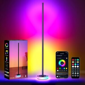 59″ Smart LED Corner Floor Lamp, RGBICW Color Changing Ambient Lighting, App Control Music Sync Mood Light, Modern Dimmable Room Decor for Bedroom, Living Room, Gaming Setup, Black
