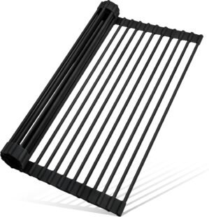 MERRYBOX Roll Up Dish Drying Rack Silicone Wrapped Over The Sink Dish Drying Rack Multipurpose Foldable Sink Drying Mat Anti-Slip & Anti-Rust Dish Rack for Kitchen, 17.5″ x 13″, Black
