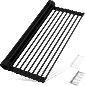 HANZENMA Roll Up Dish Drying Rack Over The Sink Kitchen Roll Up Sink Drying Rack Multipurpose Foldable Sink Drying Mat, Heat-Resistant, Anti-Slip & Anti-Rust Dish Rack for Kitchen, 17″ x 13″, Black