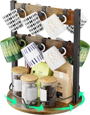 KLM Wood Coffee Mug Holder,12 Hook Mug Tree Holder Rack with Storage Base,Mug Display Organizer,Mug Holders for Home Kitchen,Support 360° rotation for easy access