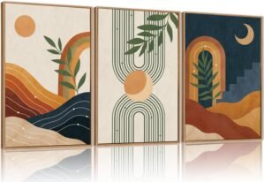 FWIEXA Mid Century Modern Wall Art Set of 3, Vintage Boho Framed Canvas Wall Decor, Minimalist Geometric Sun Moon Line Wall Prints, Abstract Green Leaf Painting, 24x36In Modern Navy Blue Artwork for Living Room,Bedroom