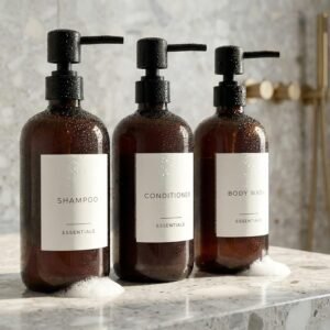 Stylish Shampoo and Conditioner Dispenser Set of 3 – Modern 21oz Shower Soap PET Bottles with Pump and Labels – Easy to Refill Body Wash Dispensers for an Instant Bathroom Decor Upgrade