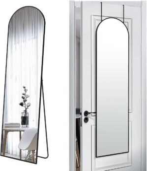 SCWF-GZ 57×16 Door Hanging Full Length Mirror, Floor Stand (Height 5.7ft just Body in1.3ft) / Wall Mounted Metal Frame Arch Dressing Mirrors for Bedroom Living Room 57 inch Black