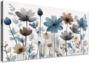 KZKU Flowers Canvas Wall Art – Floral Pictures for Wall Decor Indigo Brown Grey Canvas Prints Nature Printing Artwork for Living Room Bedroom Home Office Wall Decoration 20″ x 40″