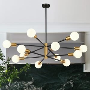 11″-52″ Height Adjustable Modern Chandelier Ceiling Light Fixture, 12-Light Sputnik Chandeliers Brushed Gold and Matte Black Mid Century Chandelier Over Table, Chandeliers for Dining Room Living Room