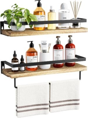 AMADA HOMEFURNISHING Bathroom Shelves with Towel Bar, Floating Shelves, Wall Shelves for Bathroom/Living Room/Kitchen/Bedroom, Light Brown, Set of 2 – AMFS01