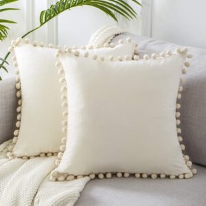 Topfinel Decorative Throw Pillow Covers 18×18 Set of 2, Cream White Couch Square Pillow Covers for Sofa Bed, Soft Velvet Cushion Covers with Pom Poms for Livingroom Bedroom Modern Home Decor