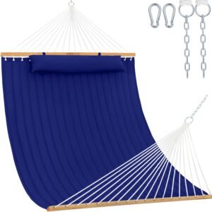 Lazy Daze Hammocks 12 FT Double Quilted Fabric Hammock with Spreader Bar and Detachable Pillow, 450lbs Weight Capacity, Navy Blue