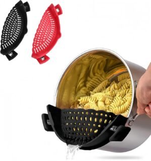 2 PACK Silicone Clip-on Strainer – Fits Pots, Pans & Pasta, Hands-Free Food Strainer for Ground Beef, Spaghetti, Pasta, Compatible with All Bowls and Pots