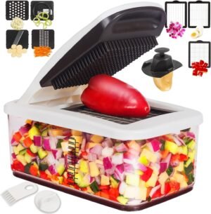 RüK Vegetable Chopper, Extra Large Chopper Vegetable Cutter, Multifunctional 10-in-1 Pro Food Chopper – 6 Blades, 4 Vegetable Spiralizers, E-Recipes – Veggie Chopper with Container