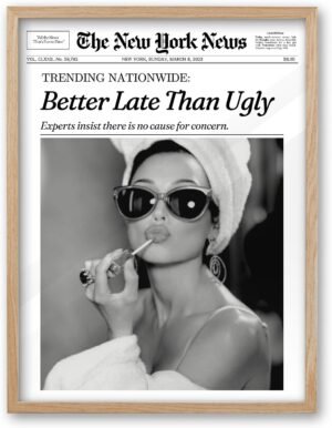 iHery Natural OAK Wood Audrey Hepburn Newspaper Trendy Framed Wall Art, 12×16 in Vintage Headline Canvas Bedroom Wall Decor, Better Late Than Ugly,Bathroom Artwork Apartment Girly Dorm Room 1Pack