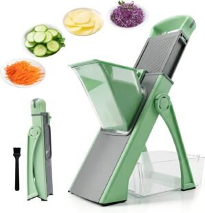 4-in-1 Safe Mandoline Slicer & Vegetable Chopper with 0.1-8mm Adjustable Thickness, Dicer, Julienne & French Fry Cutter Functions, Foldable Kitchen Gadget with Container (Green)