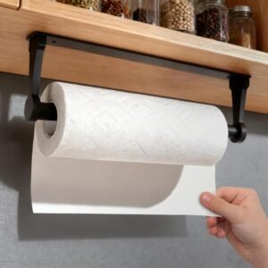 Black Paper Towel Holder Under Cabinet, Adhesive Paper Towel Holder Wall Mount Toilet Roll Holders Rack for Kitchen Bathroom Garage Counter, Anti-Drop Upgraded Telescopic Rod Design Roll