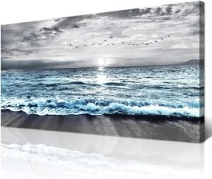 Wapluam Large Canvas Wall Art For Living Room & Bedroom Decor – Black & White Blue Sea Wave Pictures – Framed Beach Posters