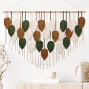 KHOYIME Large Macrame Wall Hanging Boho Woven Tapestry, Chic Home Decor Modern Bohemian Handmade Leaf Feather Wall Art Decorations for Apartment Living Room Bedroom Nursery Backdrop 51.5″ W X 33.5″ L
