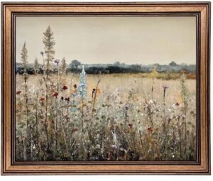 Gold Framed Vintage Wall Art Classical French Landscape Wildflowers Botanical Painting Canvas Print Kitchen Living Room Wall Decor (Champ Fleuri, 10L x 8W)