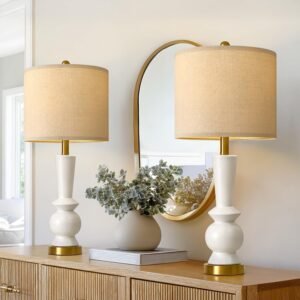 PORTRES 27″ Modern Ceramic Table Lamp Set of 2 for Living Room White & Gold Bedside Lamps for Bedroom Nightstand Lamp Tall End Table Lamps